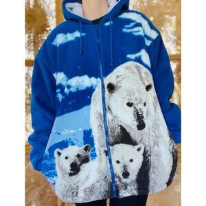 90s Y2K Blue Fleece Sherpa Polar Bear Icebergs Arctic AOP Full Zip Hooded Jacket